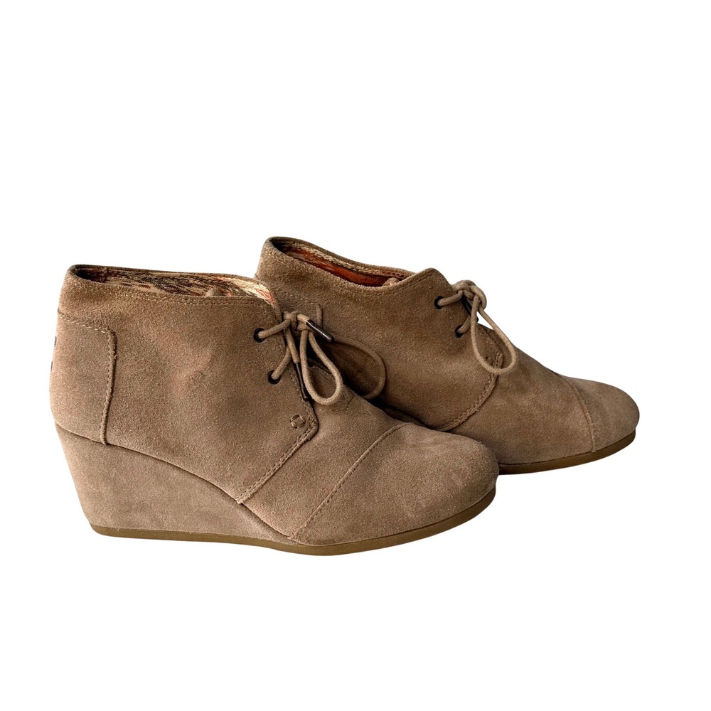 TOMS Desert Wedge Booties Women's Taupe‎ Tan Suede Lace Up Ankle Boots Sz 9